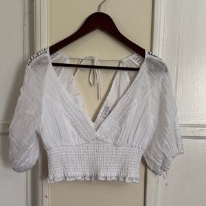 Guess Ivory Smocked Puff Sleeve Blouse